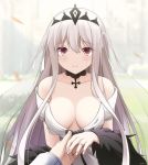  1girl bangs bare_shoulders blurry blurry_background breasts bridal_veil closed_mouth collarbone commentary commission crying crying_with_eyes_open depth_of_field dress english_commentary eyebrows_visible_through_hair girls_frontline grey_hair hair_between_eyes hand_up happy_tears highres jewelry kar98k_(girls_frontline) keenh long_hair long_sleeves looking_at_viewer medium_breasts off-shoulder_dress off_shoulder out_of_frame ring see-through signature smile solo_focus tears tiara veil very_long_hair wedding_band wedding_dress white_dress 