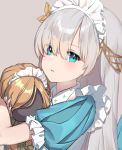  1girl alternate_costume anastasia_(fate/grand_order) blue_nails blush eyebrows_visible_through_hair fate/grand_order fate_(series) grey_hair looking_at_viewer maid maid_headdress puffy_short_sleeves puffy_sleeves short_sleeves solo upper_body yume_ou 