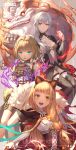  3girls :d animal_ears aqua_eyes asymmetrical_bangs bangs belt birdcage blonde_hair breasts bright_pupils brown_hair cage cloak commentary_request corset dark_persona eyebrows_visible_through_hair fake_animal_ears flat_chest frills fur_trim gretel_(sinoalice) hairband half-nightmare hansel_(sinoalice) highres hood hood_down hooded_cloak lf_(paro) little_red_riding_hood_(sinoalice) lock looking_at_viewer medium_breasts multiple_girls navel_cutout open_mouth orange_eyes padlock pale_skin parted_lips red_eyes shrug_(clothing) sinoalice skirt skirt_lift small_breasts smile snow_white_(sinoalice) thigh_strap upper_teeth white_hair white_pupils 