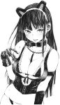  1girl absurdres animal_ears bikini breasts cat_ears cleavage corset eyebrows_visible_through_hair fake_animal_ears fang fangs gagaimo gloves greyscale hairband highres large_breasts long_hair looking_at_viewer maid_bikini monochrome original solo swimsuit traditional_media 