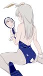  1girl absurdres animal_ears bangs bare_shoulders blue_footwear blue_leotard bouen breasts brown_eyes bunny_ears bunny_girl bunny_tail bunnysuit eyebrows_visible_through_hair grey_hair grey_legwear half-closed_eyes hand_mirror high_heels highres holding leotard long_hair looking_at_viewer medium_breasts mirror original pantyhose parted_bangs parted_lips reflection shoe_soles shoes simple_background sitting solo strapless strapless_leotard tail wariza white_background wrist_cuffs 