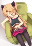  1girl akatsuki_uni armchair bangs bare_arms bare_shoulders black_legwear black_tank_top blonde_hair blush book chair closed_eyes collarbone commentary_request eyebrows_visible_through_hair feet_out_of_frame glasses hair_ornament hairclip highres long_hair ogami_kazuki on_chair open_book panties panties_under_pantyhose pantyhose parted_bangs parted_lips pleated_skirt purple_skirt red-framed_eyewear semi-rimless_eyewear shadow skirt sleeping solo strap_slip tank_top thighband_pantyhose two_side_up under-rim_eyewear underwear uni_channel very_long_hair virtual_youtuber white_background 