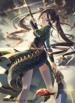  1girl brown_eyes brown_hair cloud company_name copyright_request dragon_horns dragon_tail glint h2so4 horns long_hair looking_at_viewer looking_back naginata official_art outdoors polearm solo standing tail thighhighs twintails weapon 