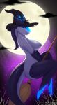  anthro breasts broom broom_riding clothing female full_moon glowing halloween hat headgear headwear hi_res holidays lunarii magic_user moon nipples rasha solo unknown_species witch witch_hat 