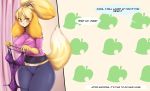  2020 animal_crossing anthro blonde_hair bottomwear canid canine canis clothed clothing dialogue digital_media_(artwork) dipstick_tail domestic_dog english_text female hair hi_res inside isabelle_(animal_crossing) lingerie looking_at_viewer mammal mleonheart multicolored_tail nintendo pants pouting shih_tzu shirt solo text topwear toy_dog unseen_character video_games 