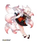  1girl animal_ears bare_legs black_dress black_footwear closed_eyes closers dress facing_viewer fox_ears fox_tail frilled_dress frills full_body grin highres kumiho leaning_forward long_hair long_sleeves low_twintails multiple_tails official_art see-through_sleeves seth_(closers) shoes smile solo tail tail_hug twintails very_long_hair white_hair 