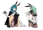  1girl animal_ears aqua_hair ass breasts bunny_ears bunny_tail bunnysuit byleth_(fire_emblem) byleth_(fire_emblem)_(female) cleavage clovisxvii cropped_legs fake_animal_ears fire_emblem fire_emblem:_three_houses green_hair highres jacket_on_shoulders looking_at_viewer meme_attire pantyhose reverse_bunnysuit reverse_outfit shrug_(clothing) tail thighhighs tray 