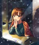  1girl absurdres bookshelf brown_eyes brown_hair covering_mouth desk eraser eyebrows_visible_through_hair gongha green_sweater highres indoors looking_at_viewer mechanical_pencil original pencil sitting snow snowflakes snowing solo sweater textbook window 