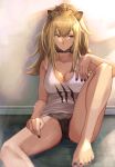  1girl absurdres animal_ears arknights bangs bare_arms bare_legs bare_shoulders barefoot black_choker black_nails black_panties blonde_hair breasts brown_eyes choker cleavage collarbone commentary_request feet_out_of_frame highres indoors knee_up large_breasts lion_ears long_hair looking_to_the_side mouth_hold mutsuki_albino nail_polish no_pants panties partial_commentary shadow siege_(arknights) sitting solo tank_top thighs toenail_polish underwear white_tank_top 