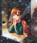  1girl absurdres bookshelf brown_eyes brown_hair covering_mouth desk eraser eyebrows_visible_through_hair gongha green_sweater highres indoors looking_at_viewer mechanical_pencil original pencil sitting snow snowflakes snowing solo sweater textbook window 