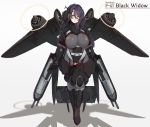  1girl absurdres aircraft airplane black_bodysuit black_hair bodysuit breasts character_name full_body headgear highres large_breasts long_hair machinery mecha_musume military military_vehicle original p-61_black_widow personification pilot_suit propeller red_eyes ryuun_(stiil) solo standing 