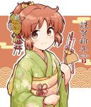  1girl 2020 abe_nana alternate_costume blush brown_eyes brown_hair closed_mouth eyebrows_visible_through_hair green_kimono hemoglosso idolmaster idolmaster_cinderella_girls japanese_clothes kimono looking_at_viewer short_ponytail smile solo translation_request 