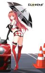  1girl ass bare_shoulders belt boots breasts car checkered closers crop_top cropped_vest elbow_gloves gloves grin ground_vehicle hairband high_heel_boots high_heels holding holding_umbrella long_hair looking_at_viewer looking_back luna_aegis_(closers) midriff motor_vehicle official_art purple_eyes race_queen red_hair short_shorts shorts single_thighhigh sleeveless smile solo standing thigh_boots thighhighs thighs traffic_cone umbrella v-shaped_eyebrows 