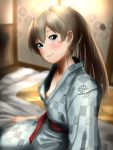  1girl aqua_eyes bed bedroom blanket blush breasts brown_hair eyebrows_visible_through_hair hair_between_eyes hair_ornament highres indoors japanese_clothes kantai_collection kimono kumano_(kantai_collection) light long_hair long_sleeves looking_at_viewer no_bra pillow ponytail sitting small_breasts smile solo tama_(seiga46239239) wide_sleeves 