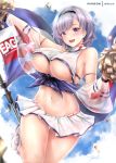  1girl areola_slip areolae azur_lane bare_shoulders blue_sky blush breasts cheerleader covered_nipples crop_top crop_top_overhang eyebrows_visible_through_hair flag grey_hair hair_between_eyes hairband holding_pom_poms jumping large_breasts looking_at_viewer midriff miniskirt navel nipples open_mouth patreon_username pom_poms purple_eyes rei_kun reno_(azur_lane) reno_(biggest_little_cheerleader)_(azur_lane) see-through shirt short_hair signature skirt sky sleeveless smile solo underboob white_skirt 