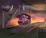  1girl ahoge bottle bowl bowl_hat catapult chain chair cloud commentary_request cracked fishing_hook hat highres in_bowl in_container map obi purple_hair red_eyes red_sky sash shope sky solo sukuna_shinmyoumaru table torn_clothes touhou 