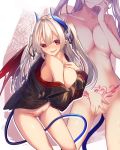  1girl bangs between_legs black_jacket blush breasts closed_mouth collarbone demon_girl demon_horns demon_tail demon_wings fang grey_hair hair_between_eyes hair_ornament hand_on_own_chest hetaren_(ramark) highres horns jacket large_breasts long_hair multiple_views no_pussy nude open_mouth original pointy_ears pubic_tattoo pussy red_eyes red_wings sideboob signature skin_fang smile spread_pussy standing succubus swept_bangs tail tail_between_legs tattoo two-tone_background wavy_mouth wings 