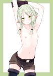  1girl armpits arms_up bangs belt belt_buckle black_belt black_gloves black_legwear blue_eyes blush braid brown_shorts buckle closed_mouth collarbone commentary_request cowboy_shot ear_blush elf eyebrows_visible_through_hair flat_chest gloves green_background green_eyes green_hair highres kiyomin long_hair navel nipples original parted_bangs pointy_ears short_shorts shorts smile solo thighhighs topless twin_braids two-tone_background wet white_background 