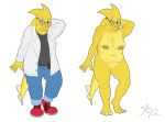  alphys anthro areola belly belt bottomwear breasts chubby_female clothed clothing coat eyewear female footwear foxifyer_(artist) front_view fully_clothed genitals glasses hand_behind_head jeans lab_coat looking_at_viewer multicolored_body multicolored_scales navel nipples non-mammal_breasts nude open_mouth open_smile pants pussy reptile sagging_breasts scales scalie sharp_teeth shirt shoes slightly_chubby smile solo standing teeth thick_tail topwear two_tone_body two_tone_scales undertale video_games yellow_body yellow_scales 