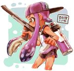  1girl backwards_hat bangs baseball_cap black_shorts blunt_bangs brown_eyes commentary_request cropped_legs dated domino_mask from_side gym_shorts harutarou_(orion_3boshi) hat highres holding holding_weapon ink_tank_(splatoon) inkling long_hair mask n-zap_(splatoon) pointy_ears purple_hair purple_headwear purple_shirt shirt short_shorts shorts solo splatoon_(series) splatoon_2 standing tan tank_top tentacle_hair weapon 