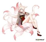  1girl animal_ear_fluff animal_ears bare_legs black_dress blue_eyes closers dress fox_ears fox_tail full_body high_heels highres knee_up kumiho long_hair long_sleeves looking_at_viewer low_twintails multiple_tails official_art see-through_sleeves seulbi_lee smile smirk solo tail thighs tongue tongue_out twintails v-shaped_eyebrows very_long_hair white_hair 