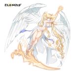  1girl absurdly_long_hair angel angel_wings armlet armpits arms_up bare_shoulders between_breasts blonde_hair blue_eyes breasts circlet cleavage closers feathered_wings full_body highres holding holding_scythe large_breasts long_hair looking_at_viewer midriff mirae_(closers) navel official_art revealing_clothes scythe smile solo sparkle thighs vambraces very_long_hair waist_cape wings 