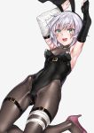  1girl absurdres animal_ears arm_belt armpits arms_up bandaged_arm bandages bangs bare_shoulders black_gloves black_legwear black_leotard blush breasts bunny_ears bunny_pose bunnysuit covered_navel elbow_gloves facial_scar fate/apocrypha fate_(series) fingerless_gloves gloves green_eyes high_heels highleg highleg_leotard highres jack_the_ripper_(fate/apocrypha) kneeling leotard looking_at_viewer open_mouth orochi_itto pantyhose purple_footwear scar scar_across_eye scar_on_cheek short_hair simple_background single_elbow_glove single_glove small_breasts smile solo thigh_strap thighs white_hair 