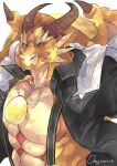  abs clothed clothing coat_cape dragon frill_(anatomy) horn male membrane_(anatomy) membranous_frill multicolored_body multicolored_scales muscular muscular_male open_shirt ophion orenjimaru pecs pendant scales shirt signature simple_background spikes tan_body tan_scales tokyo_afterschool_summoners topwear two_tone_body two_tone_scales video_games white_background yellow_body yellow_scales 