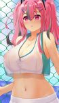  1girl :o azur_lane bangs bare_shoulders blue_sky breasts bremerton_(azur_lane) bremerton_(scorching-hot_training)_(azur_lane) chain-link_fence cleavage collarbone commentary_request covered_nipples crop_top crop_top_overhang eyebrows_behind_hair fence grey_hair hair_between_eyes hair_intakes hair_ornament hairclip highres huge_breasts large_breasts long_hair looking_at_viewer midriff multicolored_hair navel no_mole pink_eyes pink_hair see-through shadow shirt sidelocks skirt sky sleeveless sleeveless_shirt solo sportswear standing streaked_hair sweat tennis_uniform twintails two-tone_hair two-tone_shirt upper_body wet wet_clothes wet_shirt white_skirt x_hair_ornament yuuki_atori 