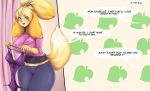  2020 animal_crossing anthro blonde_hair bottomwear canid canine canis clothed clothing dialogue digital_media_(artwork) dipstick_tail domestic_dog english_text female hair hi_res inside isabelle_(animal_crossing) lingerie looking_at_viewer mammal mleonheart multicolored_tail nintendo open_mouth pants shih_tzu shirt solo text topwear toy_dog unseen_character video_games 