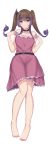  1girl absurdres bangs bare_shoulders barefoot blush brown_hair choker closed_mouth collarbone commission dress full_body gradient_hair hair_ribbon highres kanta_(kanta_077) knees_together_feet_apart long_hair looking_at_viewer multicolored_hair off-shoulder_dress off_shoulder original purple_dress purple_eyes purple_hair ribbon smile solo twintails two-tone_hair 