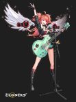 1girl :d \m/ ahoge angel_wings arm_up black_gloves black_jacket black_shorts boots choker closers crop_top electric_guitar flat_chest full_body fur_trim gloves guitar highres holding instrument jacket knee_boots looking_away luna_aegis_(closers) microphone microphone_stand midriff musical_note nail_polish official_art open_mouth purple_eyes red_hair short_shorts shorts smile solo standing strap thighs two_side_up wings 