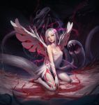  1girl bare_shoulders blood breasts chest_jewel cthulhu_mythos elbow_gloves flower gloves green_eyes hair_flower hair_ornament head_tilt highres horror_(theme) jpeg_artifacts kneeling lipstick looking_at_viewer makeup monster navel nipples original parted_lips pink_flower red_lips sarena small_breasts solo spread_wings thighhighs white_gloves white_hair white_legwear 
