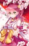  1girl absurdres blush branch breasts cherry_blossom_print cherry_blossoms closed_mouth eyebrows_visible_through_hair floral_print green_eyes hair_between_eyes hair_ornament hair_over_shoulder hairclip highres holding holding_umbrella hololive looking_at_viewer mikazukicrescent petals pink_hair reaching_out sakura_miko sideboob smile solo umbrella virtual_youtuber 