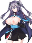  1girl :0 azur_lane bangs black_dress black_gloves black_legwear blue_cape blue_eyes blush breasts breasts_outside cape commentary cowboy_shot dress dress_pull eyebrows_visible_through_hair gloves grey_hair hair_between_eyes hair_ornament highres intrepid_(azur_lane) large_breasts long_hair looking_at_viewer mole mole_on_breast nipples open_mouth pulled_by_self sidelocks simple_background solo standing strap thighhighs toyo_(c8) twintails white_background zettai_ryouiki 