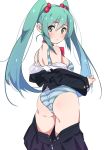  1girl ass blush bow bowtie bra from_behind green_eyes green_hair hair_between_eyes hatsune_miku long_hair looking_back panties pleated_skirt sidelocks simple_background skirt striped striped_bra striped_panties tshangen131 twintails underwear undressing very_long_hair vocaloid white_background 