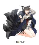  1girl ;d animal_ear_fluff animal_ears armpits black_dress black_hair blue_eyes breasts cleavage closers dress fox_ears fox_tail highres kneeling kumiho large_breasts long_hair long_sleeves looking_at_viewer low_twintails multiple_tails official_art one_eye_closed open_mouth see-through_sleeves shoes smile solo tail thighs twintails white_footwear yuri_seo 