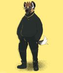  absurd_res african_wild_dog anthro black_nose bottomwear canid canine canis chubby_male clothing darius_davis fashion footwear frohawk fur hands_in_pocket hi_res jewelry looking_away male mammal multicolored_body multicolored_fur multicolored_tail necklace pants shoes simple_background slightly_chubby solo splvshcat standing turtleneck 