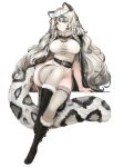  1girl animal_ear_fluff animal_ears arknights bangs barbariank bead_necklace beads belt black_footwear blush boots braid breasts commentary dress english_commentary eyebrows_visible_through_hair full_body grey_eyes grey_hair grey_legwear hair_between_eyes highres jewelry knee_boots large_breasts large_tail leopard_ears leopard_girl leopard_tail long_hair looking_at_viewer necklace no_panties pramanix_(arknights) side_braids side_slit simple_background sitting solo tail thighhighs turtleneck_dress twin_braids very_long_hair wavy_hair white_background white_dress 
