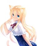  1girl animal_ears bangs blonde_hair blue_eyes blush bow cat_ears cat_tail hair_between_eyes highres long_hair looking_at_viewer original profile red_bow short_sleeves smile solo tail white_background zizi_(zz22) 