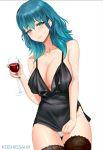  1girl alternate_costume artist_name blue_eyes blue_hair breasts byleth_(fire_emblem) byleth_(fire_emblem)_(female) cleavage closed_mouth cup drinking_glass fire_emblem fire_emblem:_three_houses holding holding_cup koshio large_breasts nail_polish simple_background solo white_background wine_glass 