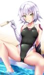  1girl black_swimsuit blue_eyes breasts collarbone competition_swimsuit eyebrows_visible_through_hair facial_scar fate/grand_order fate_(series) food highleg highres jack_the_ripper_(fate/apocrypha) looking_at_viewer one-piece_swimsuit pool poolside popsicle scar scar_across_eye scar_on_cheek shoulder_tattoo skindentation small_breasts solo swimsuit swimsuit_under_clothes tattoo tsuchimiya water wet wet_clothes wet_swimsuit white_hair 