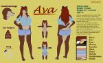  absurd_res anthro ava_(torgore) big_breasts bottomwear bovid breasts brown_body brown_fur caprine clothed clothing crop_top cutoffs denim denim_clothing english_text facial_markings female flip_flops footwear fur goat hair head_markings hi_res horn mammal markings model_sheet orange_eyes red_hair ring sandals shirt shorts simple_background text topwear torgore underwear wide_hips 