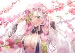  1girl absurdres arms_up bangs black_jacket blurry blush braid breasts cherry_blossoms cleavage closed_mouth commentary_request depth_of_field gloves gradient_hair green_eyes green_hair highres jacket kanroji_mitsuri kimetsu_no_yaiba large_breasts long_hair long_sleeves looking_at_viewer mole mole_under_eye multicolored_hair no_bra open_clothes open_jacket open_shirt see-through simple_background smile solo suzumi_konbu twin_braids unbuttoned upper_body very_long_hair white_background white_gloves 