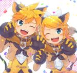  1boy 1girl ;d absurdres animal_ears blonde_hair blue_eyes brother_and_sister brown_jacket claw_pose collar cropped_jacket eyebrows_visible_through_hair facial_mark fangs fur-trimmed_gloves fur_trim gloves hair_ornament hair_ribbon hairclip highres jacket kagamine_len kagamine_rin looking_at_viewer magical_mirai_(vocaloid) one_eye_closed open_mouth reki_(arequa) ribbon short_hair siblings smile tail twins upper_body vocaloid white_ribbon 