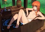  1girl bangs barefoot bathing bathtub borrowed_character breasts closed_mouth elf english_commentary eyebrows_visible_through_hair freckles green_eyes kiara_(kenshin187) long_hair navel nipples nude orange_hair original outdoors partially_submerged pointy_ears small_breasts soap solo sunna_(nilsunna) thick_eyebrows 
