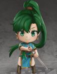  april_fools belt blue_dress boots chibi drawing_sword dress earrings fire_emblem fire_emblem:_the_blazing_blade green_eyes green_hair jewelry long_hair looking_at_viewer lyn_(fire_emblem) nendoroid ormille parody ponytail rope_belt sheath sword weapon 