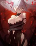  1girl bare_shoulders body_markings breasts dark_sakura detached_sleeves fate/stay_night fate_(series) hair_ribbon heaven&#039;s_feel highres large_breasts long_hair matou_sakura petals red_eyes ribbon siino solo white_hair 