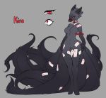 anthro black_body black_fur breasts canid canine eyelashes featureless_breasts female fox fur gag grey_background hi_res jellyenvy kira_(jellyenvy) mammal model_sheet mostly_nude multi_tail ofuda red_eyes simple_background solo standing string text 
