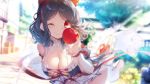  1girl apple bangs black_hair blurry blurry_background breasts cleavage day detached_sleeves eyebrows_visible_through_hair food fruit game_cg girls_book_maker_~grimm_to_sannin_no_ohime-sama~ hairband holding holding_food large_breasts leaning_forward official_art one_eye_closed outdoors parted_bangs red_eyes shirayuki_(girls_book_maker) short_hair smile solo 